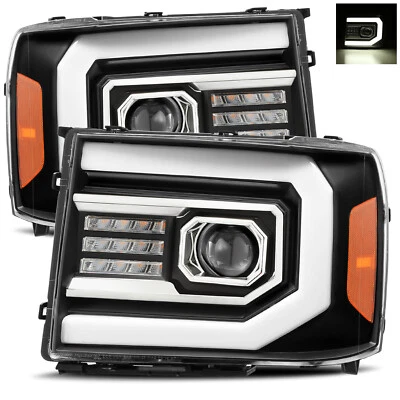 For 07-13 GMC Sierra 1500/2500/3500 DRL LED Tube Black Dual Projector Headlights - Image 1 of 4