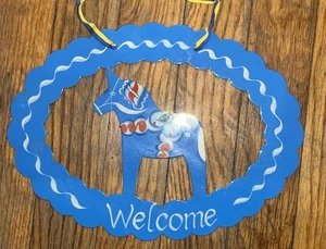 Swedish-style Blue Dala horse metal wall plaque. - Picture 1 of 4
