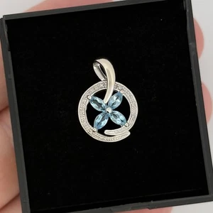 9ct White Gold Blue Topaz & Diamond Cluster Pendant - Picture 1 of 7