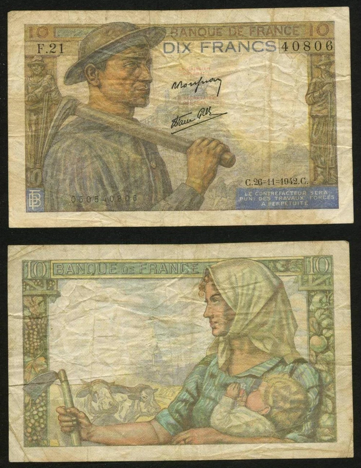 Currency C.26-11-1942.C France Ten Francs Banknote Miners & Woman w/ Baby P# 99e - Image 1 of 1
