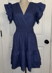 PINCH Women’s Blue Mini Dress Ruffle 100% Cotton Size S Small Smocked V Neck - Picture 1 of 7