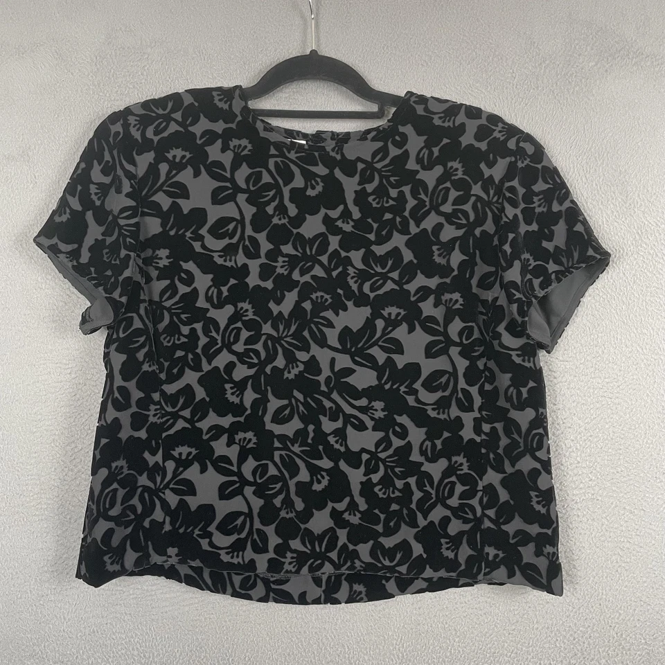 Rena Rowan Blouse Womens 14 Black Gray Floral Silk Blend Burnout Velvet Top - Image 1 of 4