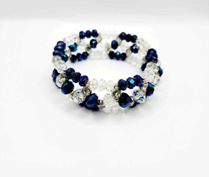 Womens Stretch Bracelet Metallic Blue White Crystal Faceted Bead Fashion Jewelry