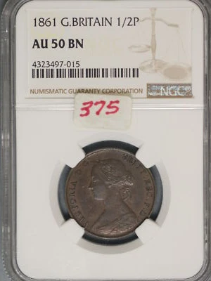 Great Britain 1861 1/2 Penny K-748.2 NGC AU50 BN - Image 1 of 2