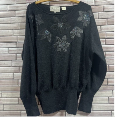 Joyce womens large sweater black embroidered sequins long sleeve boat neck VTG - Image 1 of 4