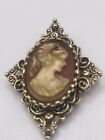 Vintage 1950?s Estate Gold Tone Signed GERRYS Brown & White Cameo Brooch Pin