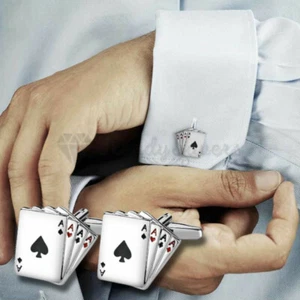 Cufflinks Silver Gift Groom Groomsman Best Man Stainless Steel Ace Cards Poker - Picture 1 of 11