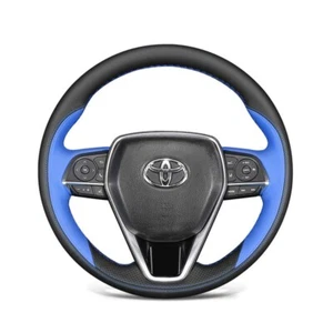 Black&Blue Leather Steering Wheel Stitch on Wrap Cover For Toyota Camry Corolla - Picture 1 of 6