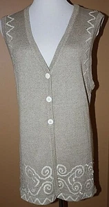 Curio Tan Taupe Beaded Sequin Trim Button Front Long Vest NWOT M - Picture 1 of 7