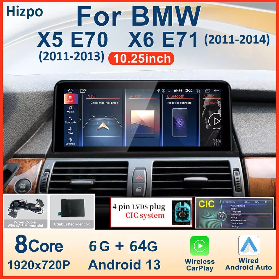 10,25 «BMW X5 E70 X6 E71 CIC Carplay 6 + 64GB автомобиля стерео Android 13 радио GPS SAT - Изображение 1 из 4