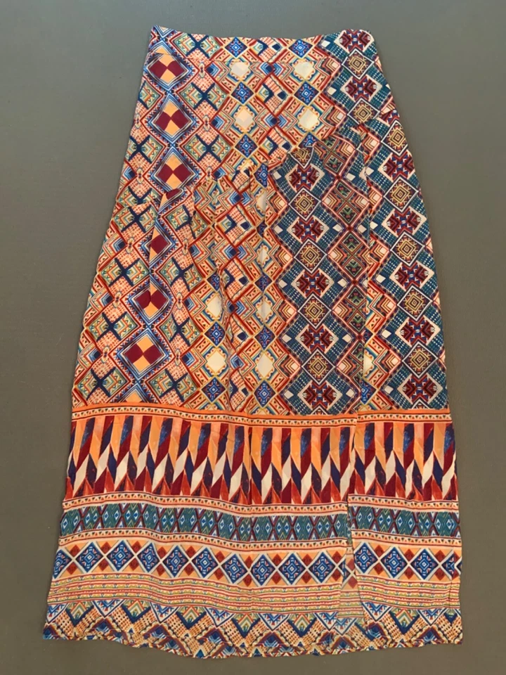 Falda de seda Anthropologie para mujer 2 azul rojo tribal suroeste oficina brunch Foto 1 de 4
