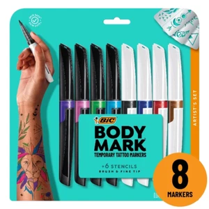 BIC BodyMark Temporary Tattoo Marker - Multicolor (8-Pack)+6 Stencils  NEW - Picture 1 of 4