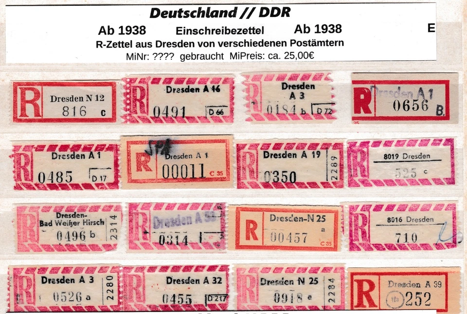 alte Einschreibezettel aus Dresden Verschiedene Postämter - Bild 1 von 1