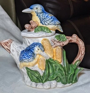 Vintage CBK 1992 Ceramic Teapot & Lid 6" Blue Birds Cattails Majolica - Picture 1 of 12