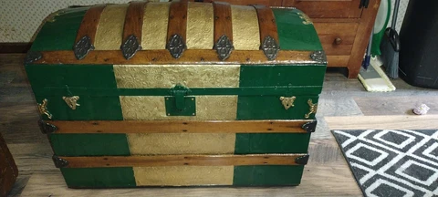 ANTIQUE DOME TOP STEAMER TRUNK, CHEST, EMBOSSED TIN Cover