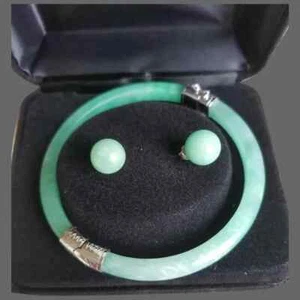 925 Sterling Silver Jade Jadeite Earrings Bangle Bracelet Set - Picture 1 of 6