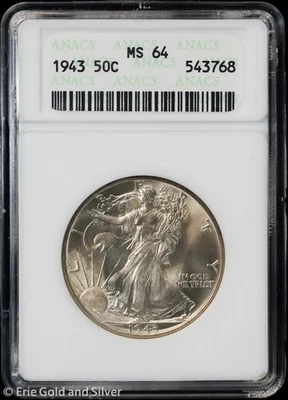 1943 50C Walking Liberty Half Dollar ANACS MS 64 | Soap Box UNC BU - Image 1 of 4