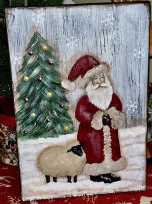 *~* HAND PAINTED BELSNICKEL SANTA *~* SHEEP *~* TREE *~* RECLAIMED WOOD - Image 1 of 2