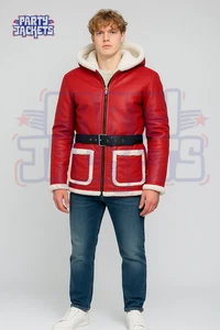 Santa Claus Shearling Faux Fur Red Hooded Leather Jacket - Picture 1 of 5