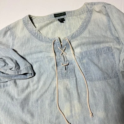 Lauren Jeans Co Ralph Lauren Chambray Denim Lace Up Blouse Shirt Womens Size 2XL - Image 1 of 4