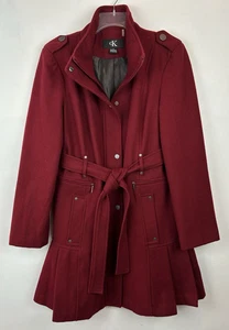 Calvin Klein Coat Womens Large Red Double Breast Belted Long Pleated Hem Preppy - Picture 1 of 10