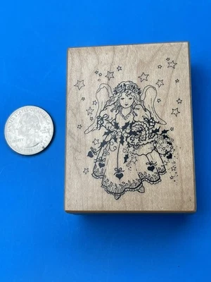 PSX Holiday Angel con cesta de corazones de estrellas acebo F431 sello de goma Foto 1 de 4