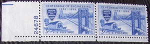 US 3¢ stamp SC #1012 Centennial of Engineering MNH 1952 pair with plate number - Picture 1 of 1