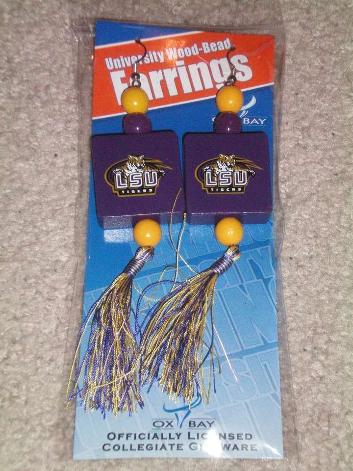LSU TIGERS Womens Earrings Purple Wood Bead Tassels Louisiana State Burrow New - Image 1 of 1