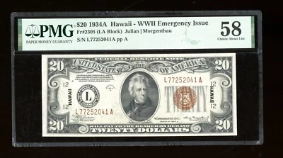 DBR 1934-A $20 FRN Hawaii Fr. 2305 PMG 58 Serial L77252041A - Image 1 of 2