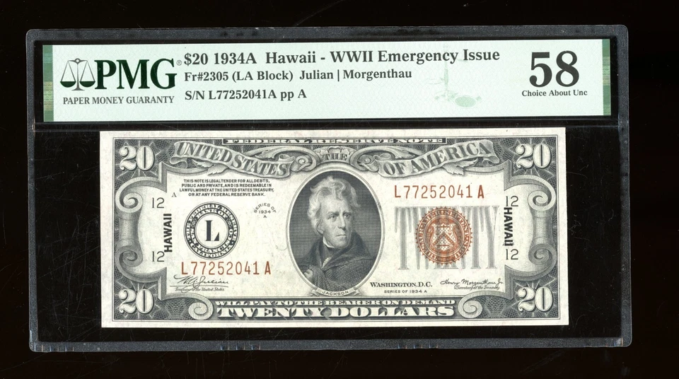 DBR 1934-A $20 FRN Hawaii Fr. 2305 PMG 58 Serial L77252041A - Image 1 of 2