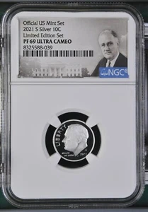 2021 S Silver Roosevelt Dime 10C Edizione Limitata NGC PF69 Ultra Cameo - Foto 1 di 2