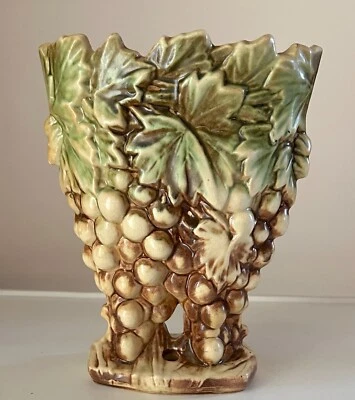 Vintage McCoy Pottery 9 1/4" Tall Grape Clustered Fan Style Planter Double Vase - Image 1 of 4