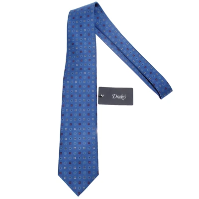 Corbata Drake's NUEVA CON ETIQUETAS en Azul con Patrón Geométrico Rojo y Blanco 100% Seda Foto 1 de 4