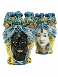 Coppia teste di moro re e regina azzurro in ceramica di Caltagirone 20 cm - Picture 1 of 5