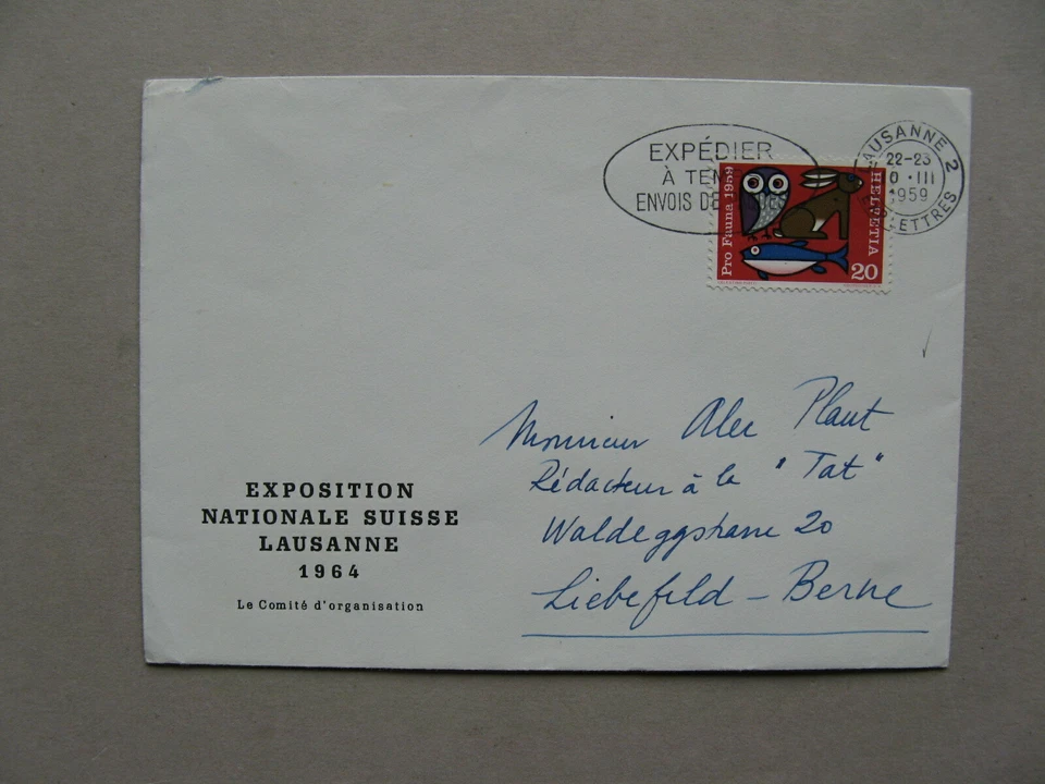 SUIZA, portada 1959, sello Pro Fauna ao búho pájaro Foto 1 de 1