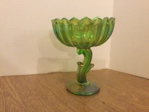 Vintage Indiana Carnival Glass Iridescent Green Lotus Blossom Compote Candy Dish - Picture 1 of 6