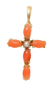 14k Gelbgold Marquise Rosa Cabochon Koralle Kreuz mit Süßwasserperle Anhänger - Bild 1 von 4
