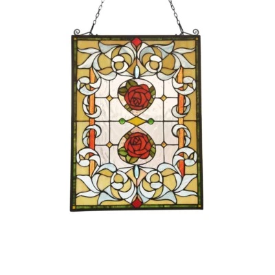 Panel de ventana de vitral victoriano de 24,4" de alto hecho a mano estilo Tiffany floral Foto 1 de 3