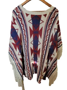 Aztec Fringed Southwest Poncho Sweater Plus Size OS Yellowstone Santa Fe Boho - Picture 1 of 2