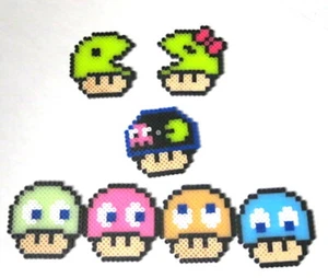 Perler Beads Set Of 7 Nintendo Mushroom Pacman & Ghost Head Ornaments - Picture 1 of 8