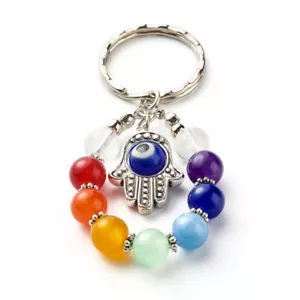 Chakra Natural Gemstones Keychain With Evil Eye and Hamsa Hand Pendant - Picture 1 of 3