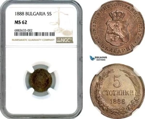 AJ608, Bulgaria, Ferdinand I, 5 Stotinki 1888, Brussels Mint, NGC MS62 - Picture 1 of 1