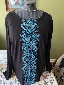 Back In The Saddle Sz Lg Black Turquoise Western Aztec Pullover Top - Picture 1 of 4