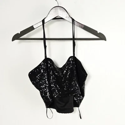 Top corto Vera Moda para mujer M. negro con lentejuelas espalda cruzada correa de espagueti moda Foto 1 de 4