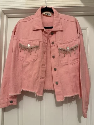 Savannah Jane pink denim jacket with rhinestone fringe size Small - Image 1 of 4