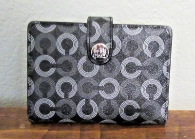 Carteira de pressão Coach Signature preta/cinza lona dobrável - Imagem 1 de 4