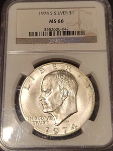 1974 S $1 Eisenhower Dollar 40% Silver NGC MS66 Blazing White Luster!!! - Picture 1 of 2