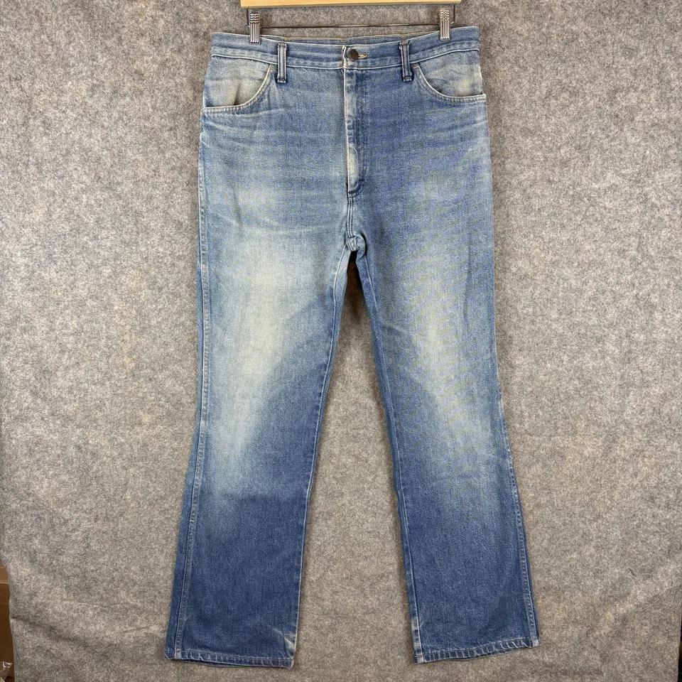 VTG Rustler Jeans Mens 33x32 Blue Ideal Zip Whiskered Faded Yellow Tag 80s USA - Image 1 of 4