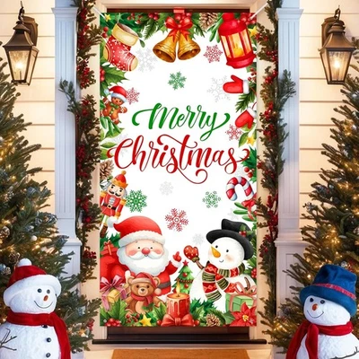Cubierta de puerta de Navidad Feliz Navidad pancarta de puerta Santa muñeco de nieve decoración de puerta de Navidad  Foto 1 de 4