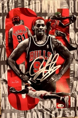 CHICACO BULLS DENNIS RODMAN SIGNED AUTO PHOTO 12x18 UNIQUE “COLLAGE” JSA WITNESS - Image 1 of 2